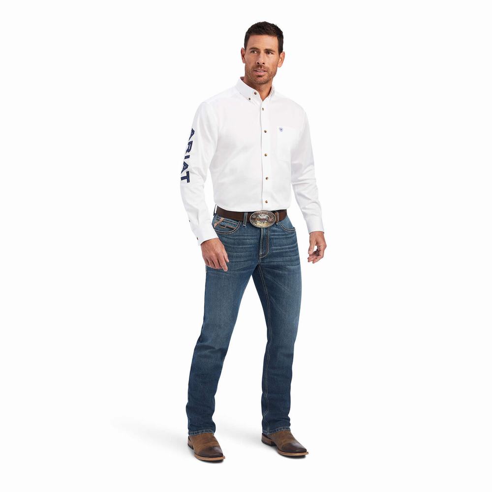 White Blue Ariat Team Logo Twill Classic Fit Men's Shirts | UPWX29710