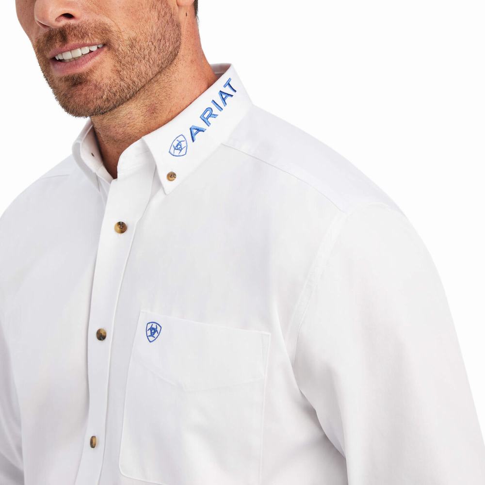 White Blue Ariat Team Logo Twill Classic Fit Men's Shirts | UPWX29710