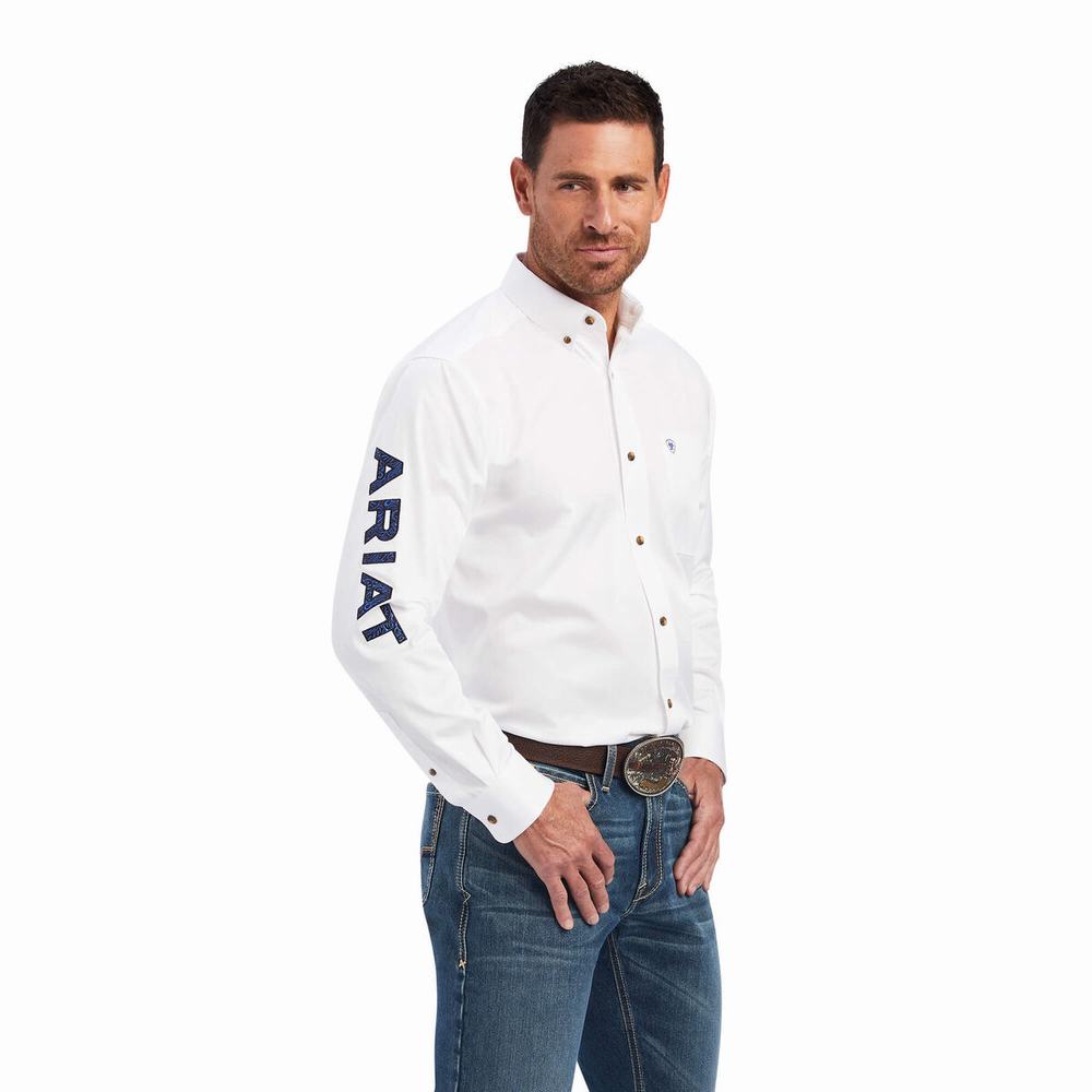 White Blue Ariat Team Logo Twill Classic Fit Men\'s Shirts | UPWX29710